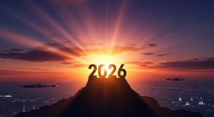 New Year 2026 at sunset. 2026 stands on a mountain with sun rays at sunrise