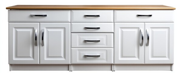 White sideboard cabinet with multiple drawers and a wooden top, showcasing a minimalist design suitable for modern interiors