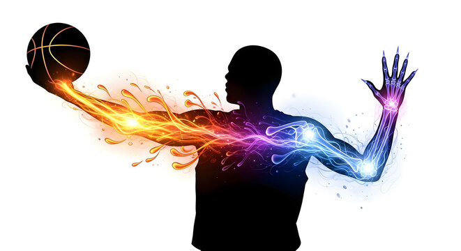 Silhouette of a man holding a basketball with fire and ice effects on his arms and hands