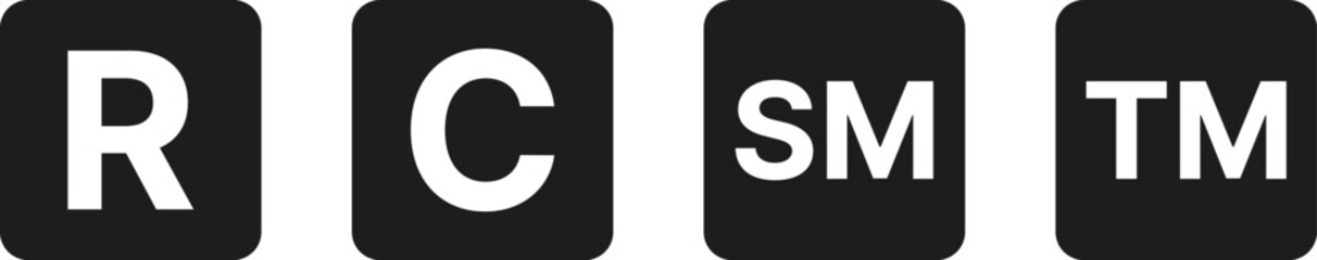 Copyright, Registered, Trademark, and Service Mark icon set. Intellectual Property (IP) Rights Symbols. C, R, TM, SM Mark Collection. Digital Rights and Company Brand Asset Indicator Logos