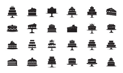 Collection of Simple Black Silhouette Cake Icons on a White Background