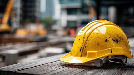 Yellow Hard Hat on Construction Site with Blurred Background.