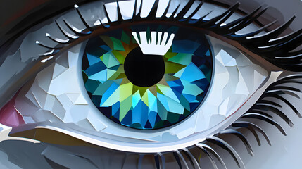 Stylized close-up of a colorful eye, geometric design, vibrant blue and green iris, artistic expression