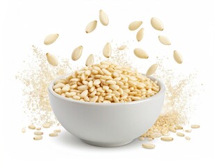 Bowl filled with seeds, falling seeds and dust cloud