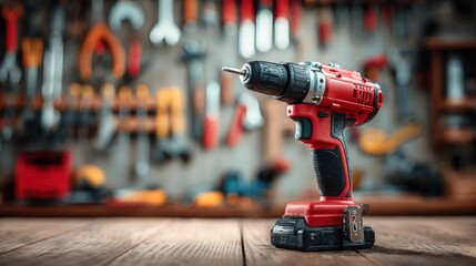 Red Cordless Drill on Wooden Surface with Tools Background.