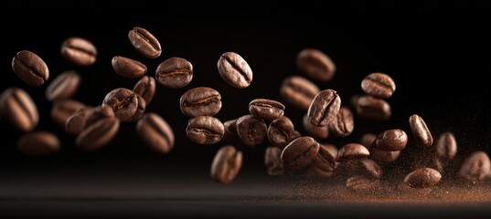 Roasted Coffee Beans in Motion - Aromatic Delight on Dark Background.