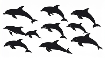 Obraz premium A collection of black dolphin silhouettes swimming together as a pod, an elegant symbol of marine life, community, and freedom isolated on a white background