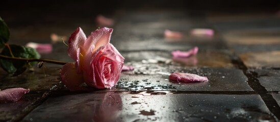 Pink Rose on Wet Tiles - A Romantic Still Life.