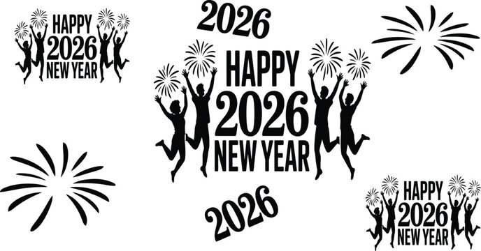 Happy 2026 New Year celebration designs with jumping people and fireworks, perfect for greeting cards, posters and invitations