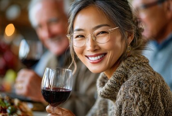 a happy middle-aged asian woman with gray hair is drinking red wine and talking to her husband in the kitchen