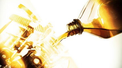 Engine oil being poured into a car engine, illustrating essential automotive maintenance for optimal vehicle performance and longevity.