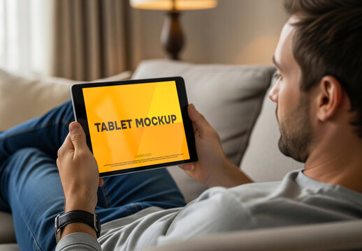 Mockup of man relaxing on couch with tablet