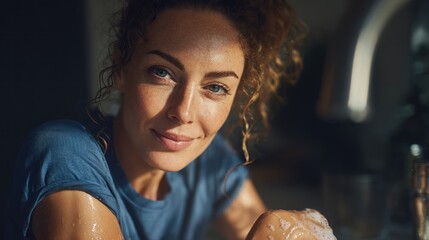 Radiant woman with curly hair bathed in sunlight indoors.