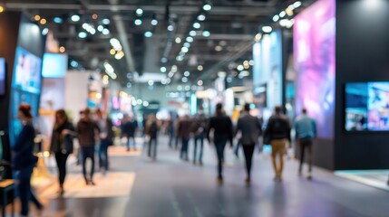 Blurred Trade Show Scene with Crowds and Exhibits.