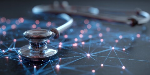Stethoscope on a network background representing healthcare technology and innovation.