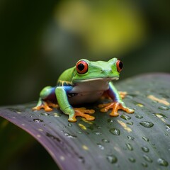 Emerald Eyes on the Leaf: A striking red-eyed tree frog, with vibrant green skin, perched majestically on a wet leaf, epitomizing the wonder of the rainforest.