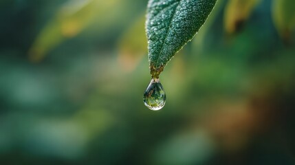 Macro Shot of Water Droplet Hanging from a Leaf in Lush Greenery.