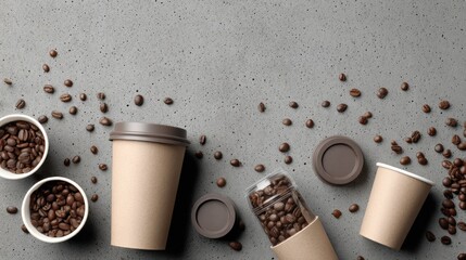 Overhead shot of coffee beans and disposable cups.