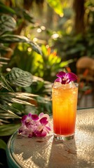 Tropical Cocktail Served in a Garden With Vibrant Flowers and Lush Greenery During Sunny Afternoon