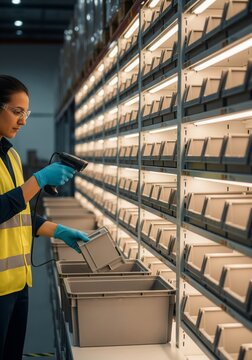 Pick To Light Station With Worker Scanning Inventory For Fast Fulfillment