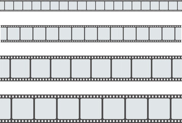 Set of classic film strips with blank frames and sprocket holes, representing cinema and photography