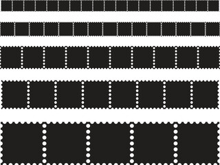 Black perforated border elements in various sizes, resembling postage stamp strips or film frames, for design