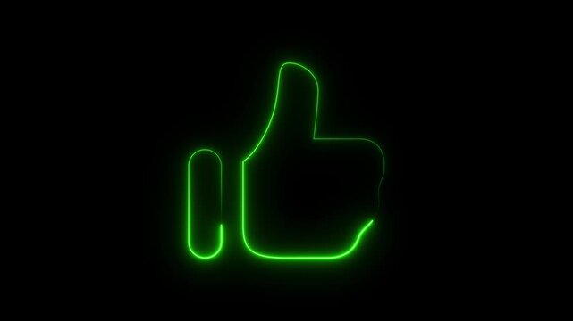 Neon like green icon animation,glowing neon Thump up like icon video motion,abstract social media like button on black background.