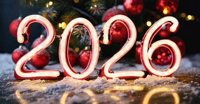 Bright numerals display year 2026. Festive background features blurred Christmas tree, red ornaments, snow. Warm lighting creates holiday mood.