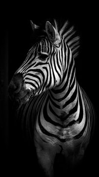 Portrait artistique en noir et blanc d&rsquo;un z&egrave;bre dans l&rsquo;obscurit&eacute;