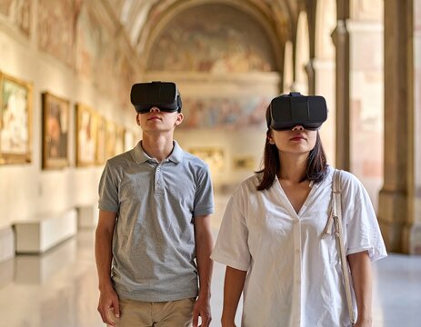 Young Couple Exploring Virtual Reality Art Gallery
