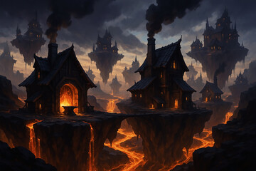 Infernal Metropolis: Floating Islands Over River of Lava and Dark Forge