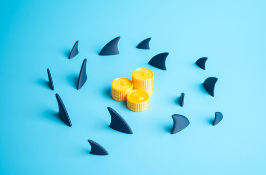 Shark fins circle a stack of coins. The threat of losing money. Economic instability, fraud risks and crisis scenarios. Banking alerts and financial education.
