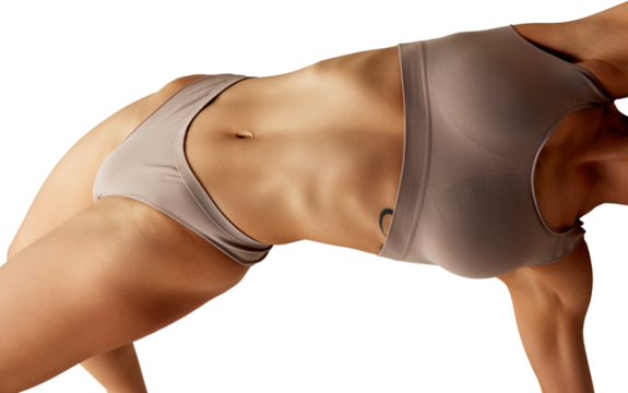 Woman stretching body in underwear on transparent background. Concept of body flexibility, fitness-inspired posing, natural contours and modern wellness visuals