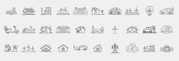 Renewable energy and low-emission sustainable power system line icons set, including Solar panel, Wind turbine, Eco house, EV charging, Electric car, Solar battery storage, and other collections.
