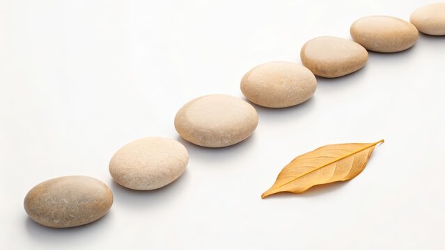 Smooth river stones and dried leaf arranged on white background - Powered by Adobe