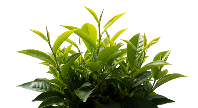 Fresh green tea leaves sprouting upwards isolated on transparent background