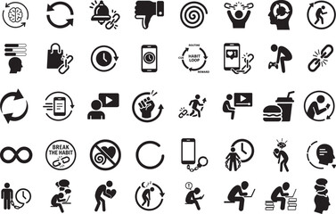 Addiction icon set in bold vector style, showing habits, dependency symbols, behavior patterns and warning signs.