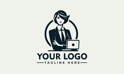 Businesswoman with laptop, vector logo illustration, professional design concept, modern icon