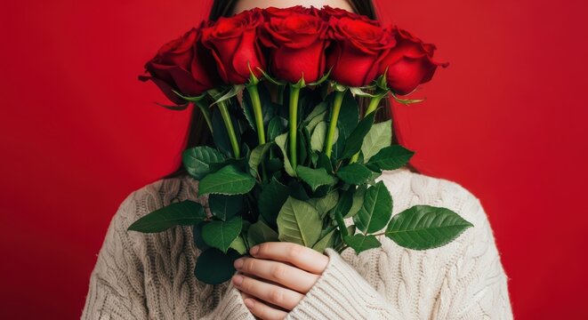 A person holding a bouquet of red roses in front of their face against a vibrant red background, symbolizing love and romance - Powered by Adobe