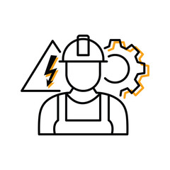 Electrician icon with hard hat, lightning bolt, and gear symbol