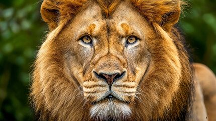 Fototapeta premium Closeup Portrait of a Lion Staring Intensely – Powerful Wildlife Photography Symbolizing Strength and Majesty