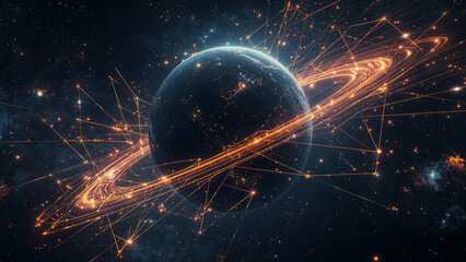 Glowing Planet with Orange Network in Dark Space Background