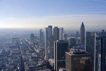 Aerial view of skyscrapers at financial district of German city of Frankfurt seen from Main Tower rooftop on a sunny autumn day. Photo taken November 22nd, 2025, Frankfurt am Main, Germany.