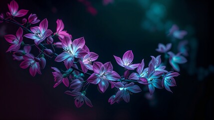Vibrant neon blossoms glowing in a dreamy night garden, captured in soft light. Elegant petals float in a surreal atmosphere. Enchanted floral fantasy in vivid colors.