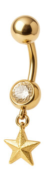 Gold belly button ring featuring a dangling star charm.