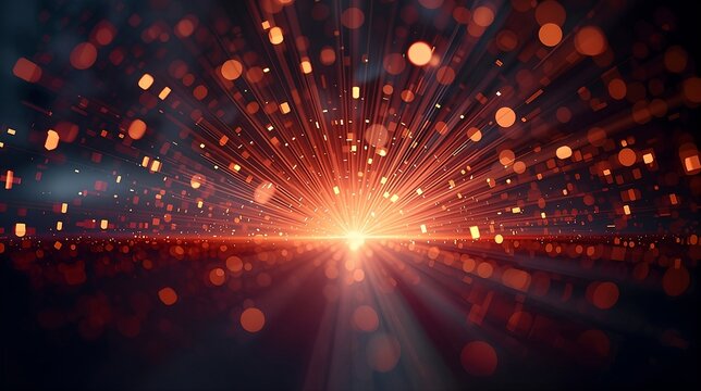 Radiant particle burst illuminates the dark horizon with fiery light. Dynamic abstract explosion streams glowing sparks forward. A vibrant digital energy blast fills the night. - Powered by Adobe