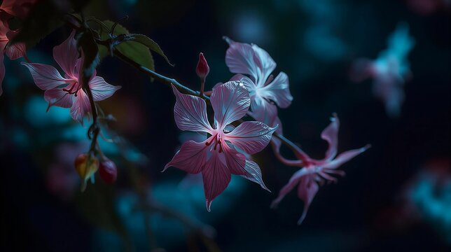 Ethereal pink flowers glow in magical moonlit bokeh. Delicate petals float in dreamy night atmosphere. Enchanted botanical beauty captured in serene soft focus.