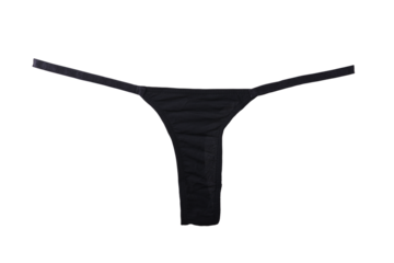 Women's sexy black thong panties on a white background. 
