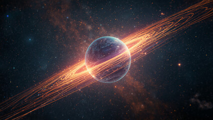 Dramatic Planet with Glowing Rings in Dark Starry Galaxy Background