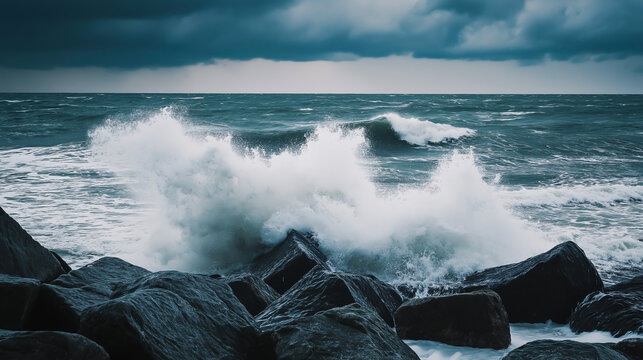 Powerful Ocean Waves Crashing on Rocks During Storm &ndash; Dramatic Seascape and Nature Force Concep
